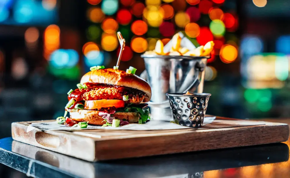 A burger from the Bowling Diner menu
